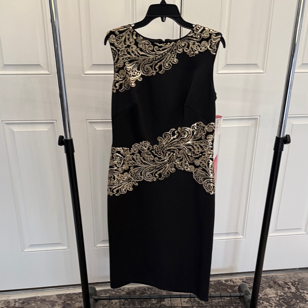 Tadashi Shoji Black Midi Dress with Gold Embroidery